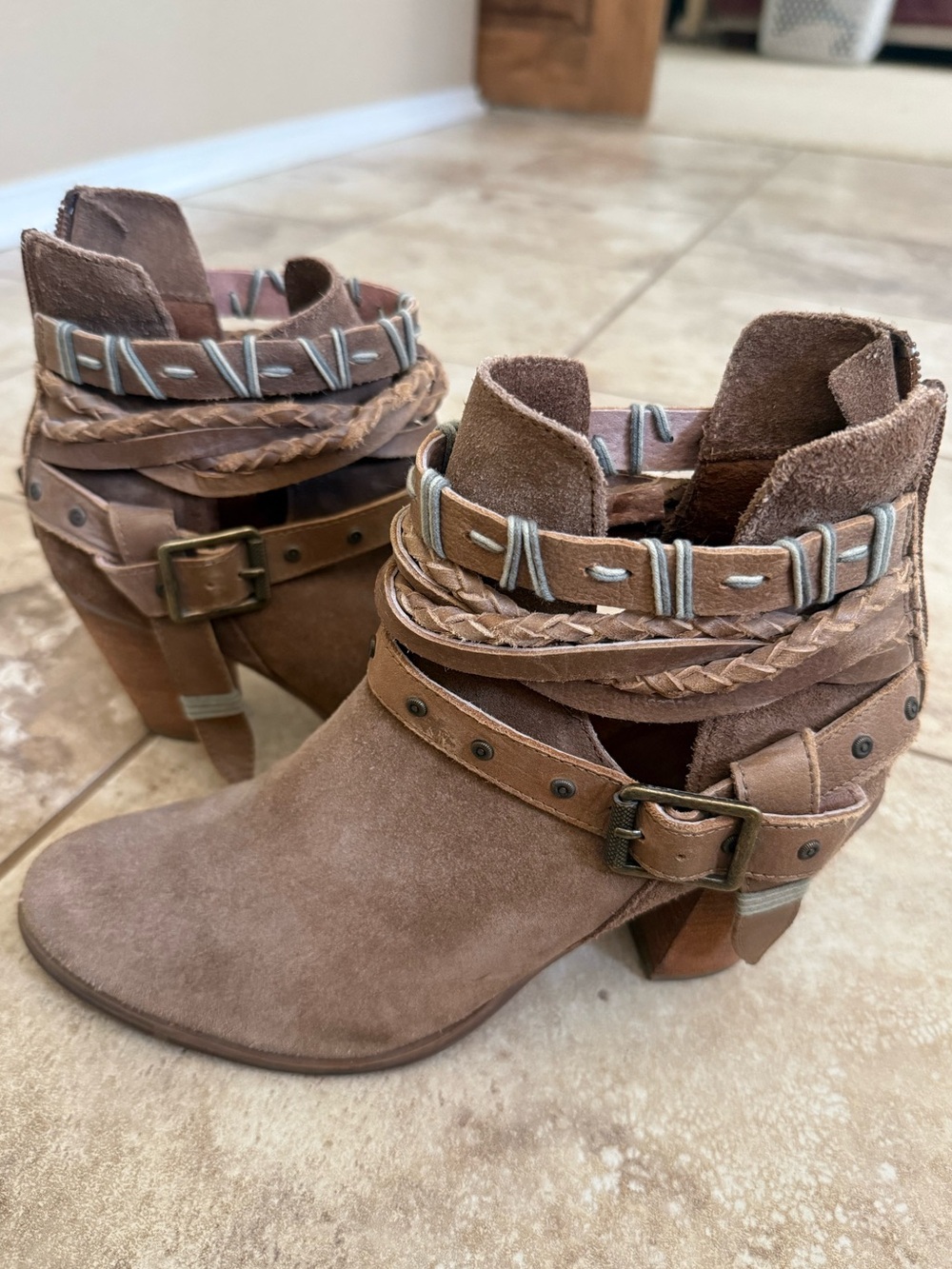 naughty monkey Taupe Suede Ankle Booties with Braided Straps